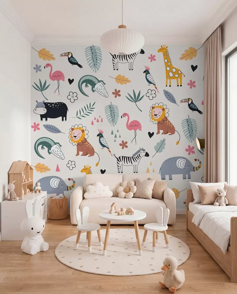 Carta da parati per Bambini animali, leoni, giraffe, elefanti, foglie, baby room 