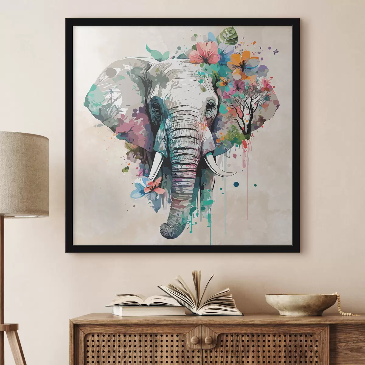 Poster elefante in fiori, macchie di vernice f38333