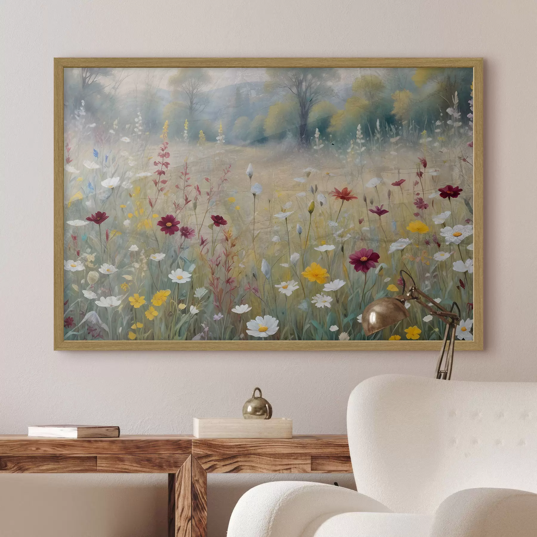 carta da parati Un prato colorato con fiori di campo con una foresta sfocata sullo sfondo nr. f38368