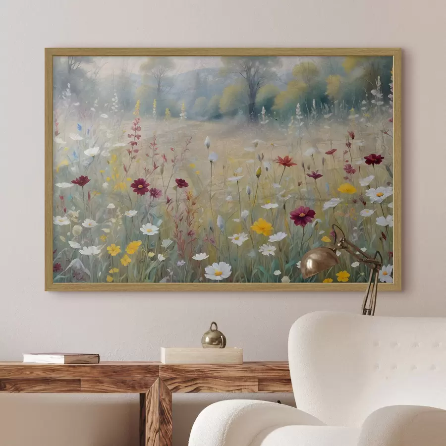 carta da parati Un prato colorato con fiori di campo con una foresta sfocata sullo sfondo nr. f38368