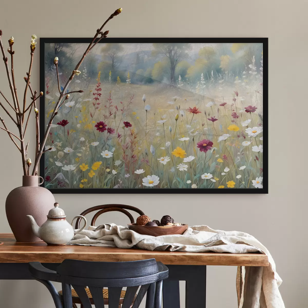 Poster Un prato colorato con fiori di campo con una foresta sfocata sullo sfondo f38368