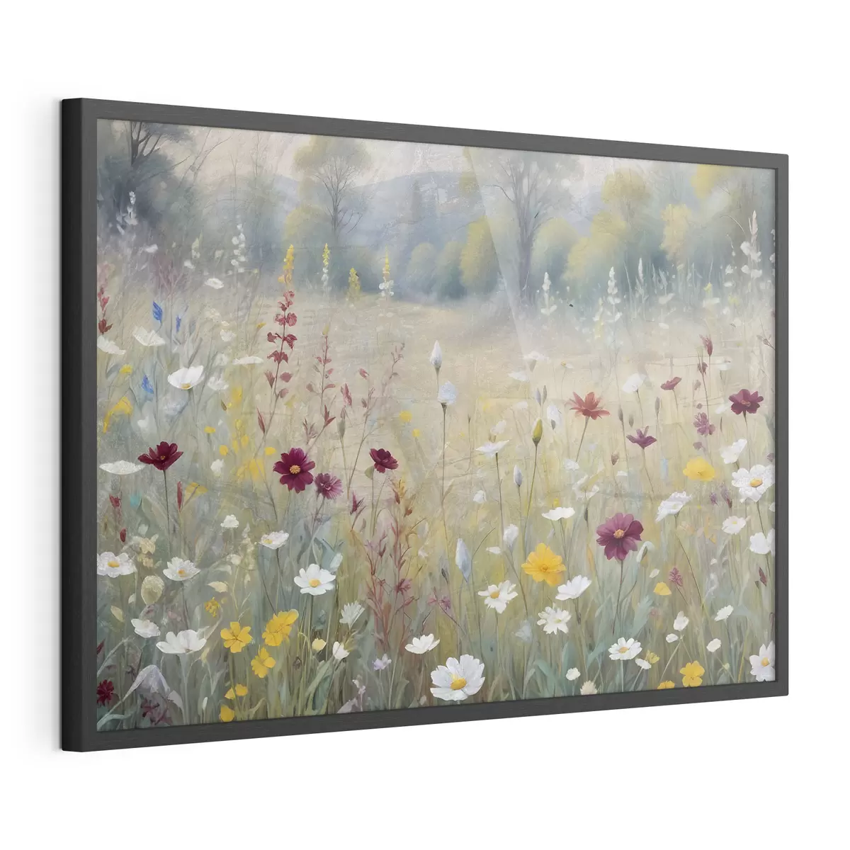Poster Un prato colorato con fiori di campo con una foresta sfocata sullo sfondo f38368