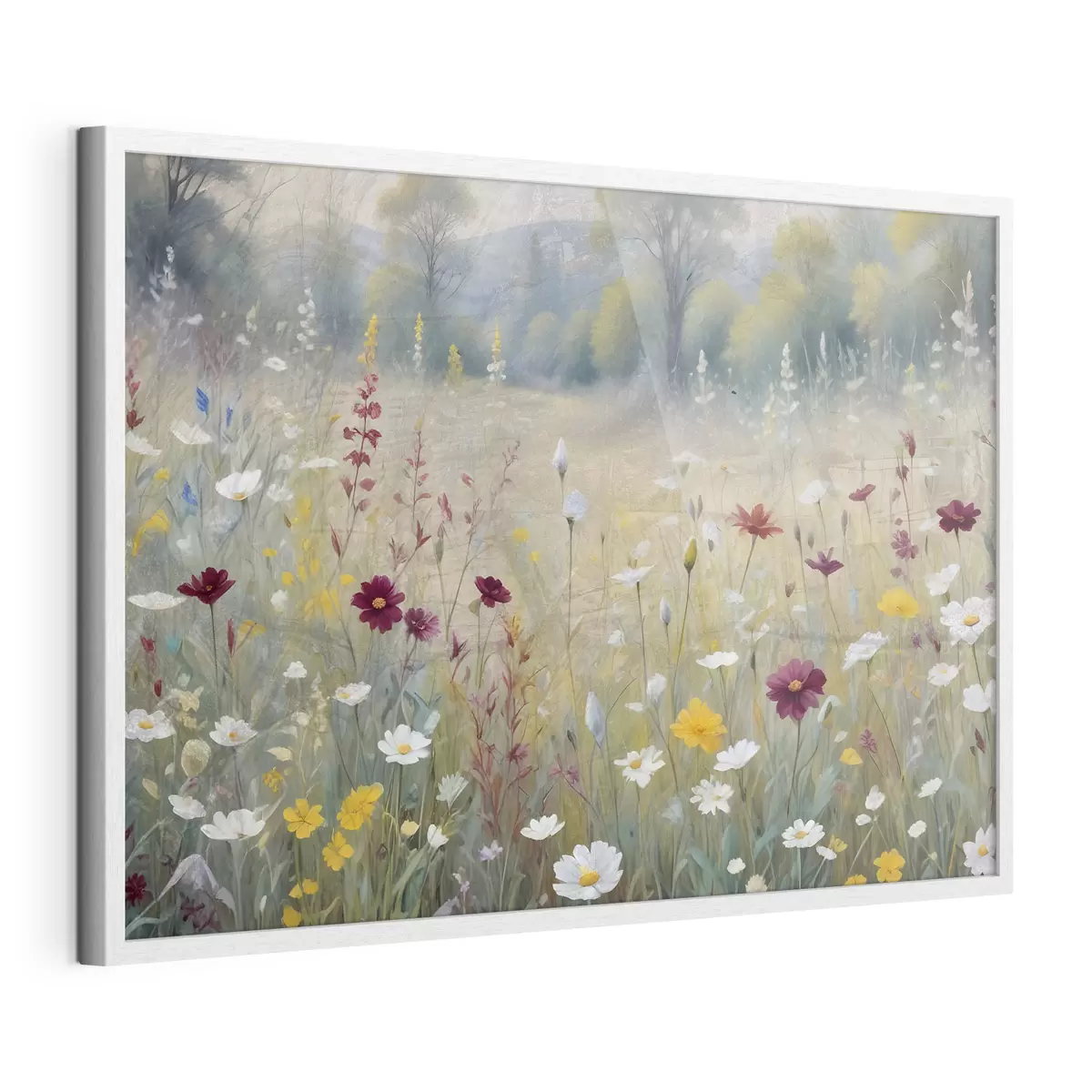 Poster Un prato colorato con fiori di campo con una foresta sfocata sullo sfondo f38368