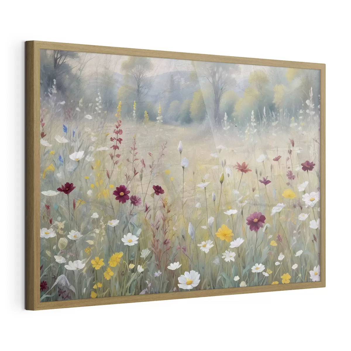 Poster Un prato colorato con fiori di campo con una foresta sfocata sullo sfondo f38368