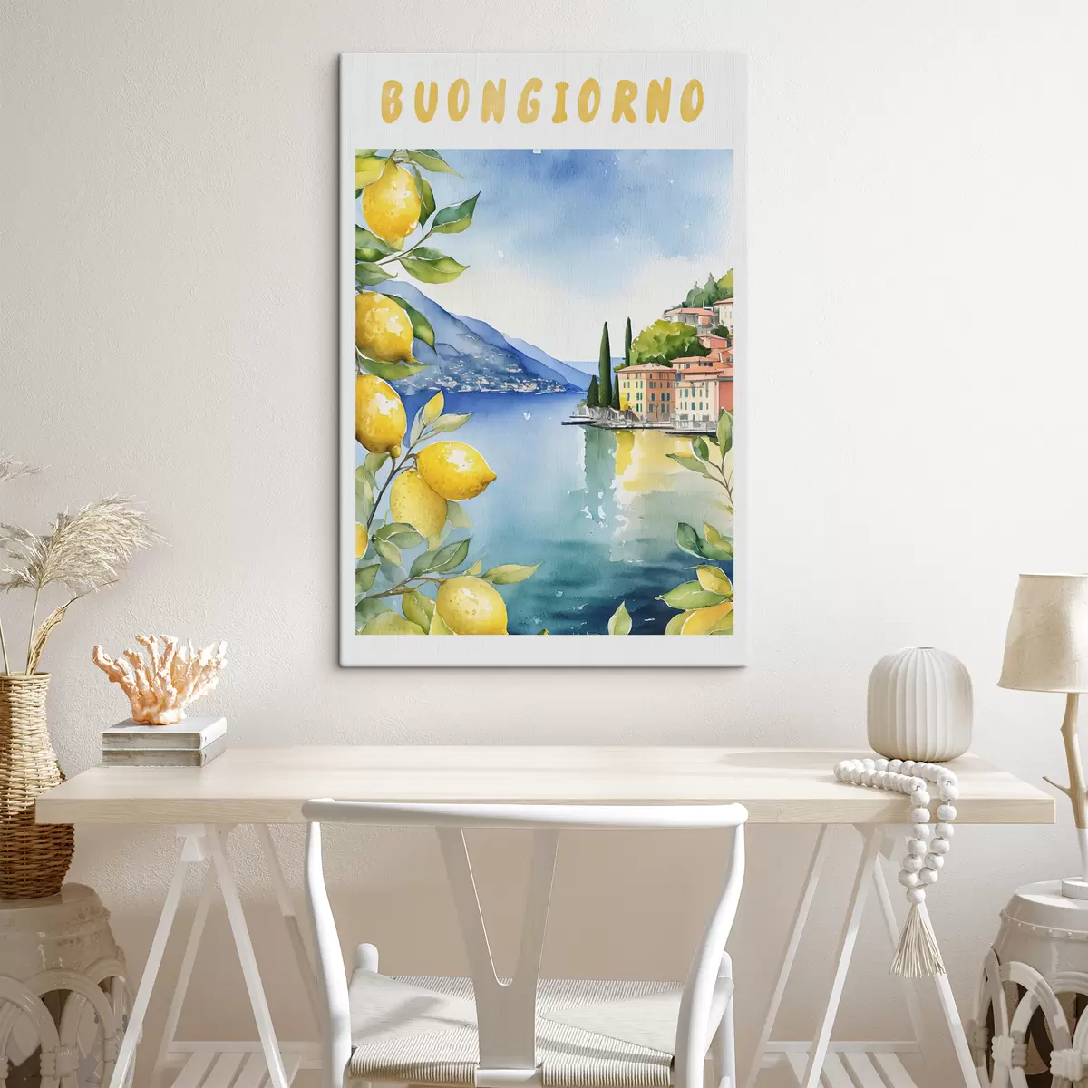 carta da parati Lago italiano, estate, acquerello, paesaggio naturale, limoni, architettura cittadina  nr. s38394