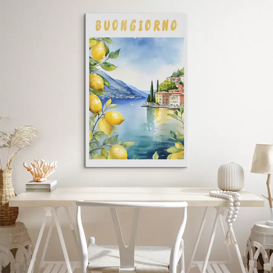 carta da parati Lago italiano, estate, acquerello, paesaggio naturale, limoni, architettura cittadina  nr. s38394