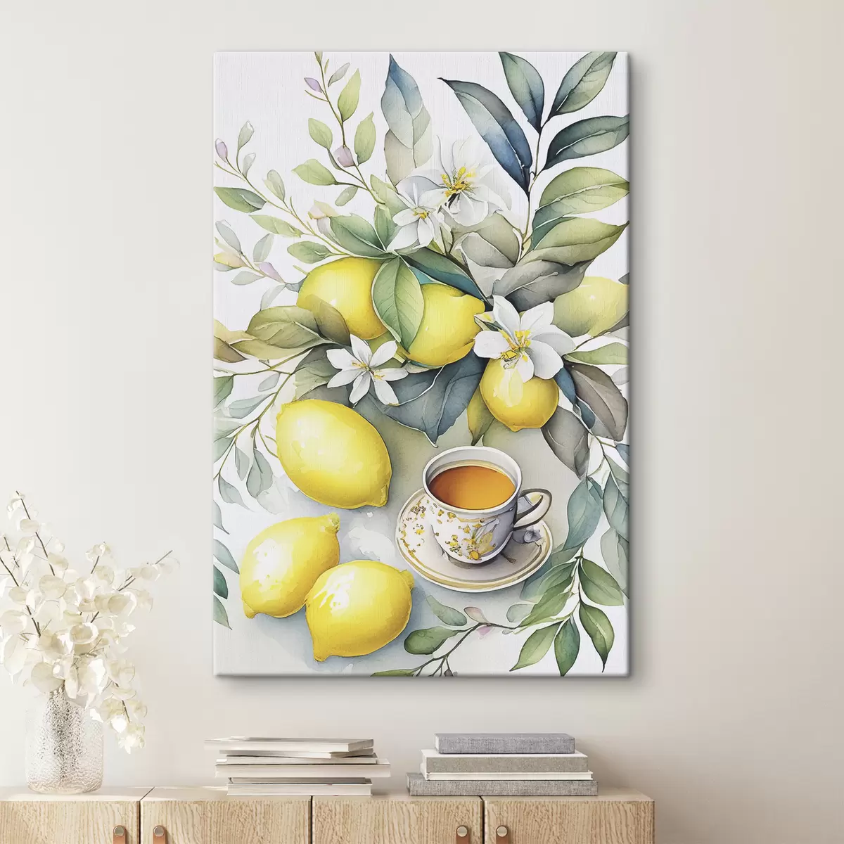 carta da parati Limoni e fiori, acquerello, colazione, tazza di tè, stile bohémien nr. s38403