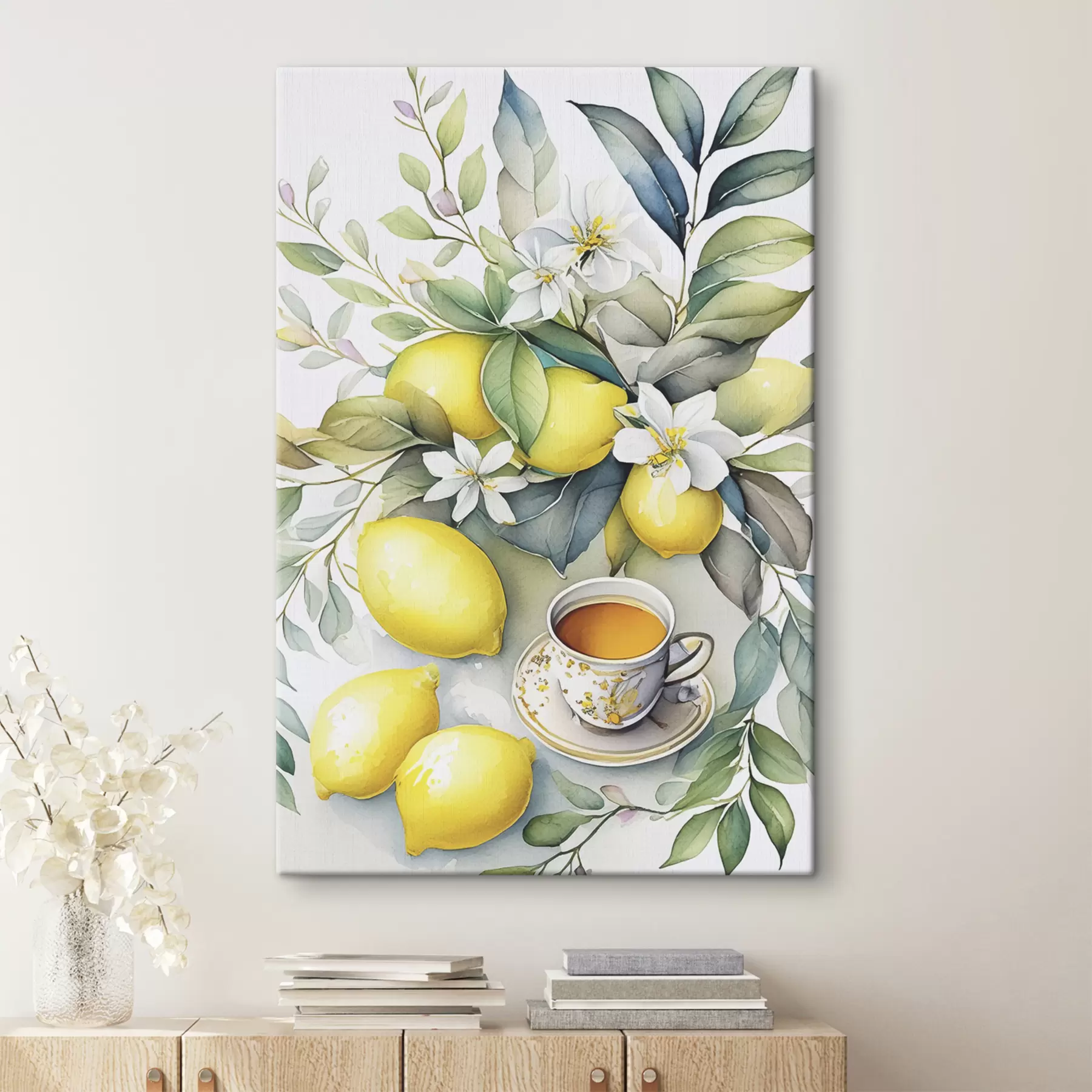 carta da parati Limoni e fiori, acquerello, colazione, tazza di tè, stile bohémien nr. s38403