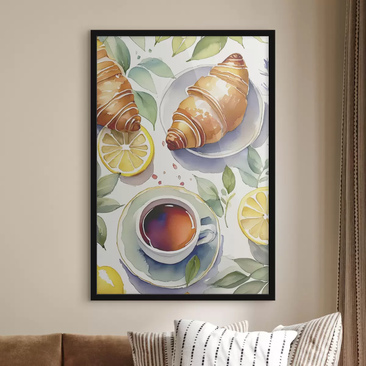 Poster Croissant acquerello, tazza di tè, colazione, limoni, stile rustico f38389