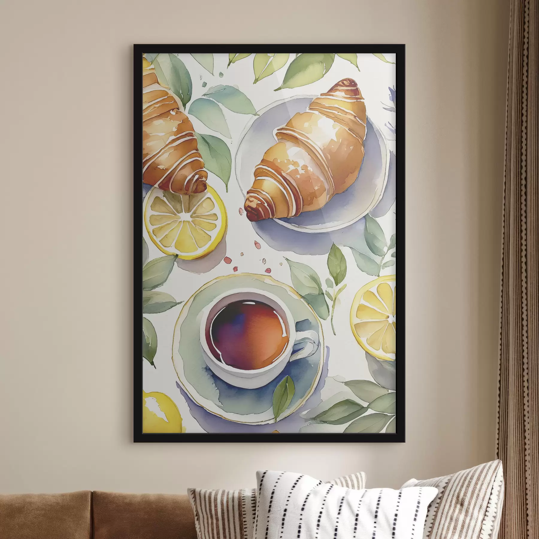 carta da parati Croissant acquerello, tazza di tè, colazione, limoni, stile rustico nr. f38389