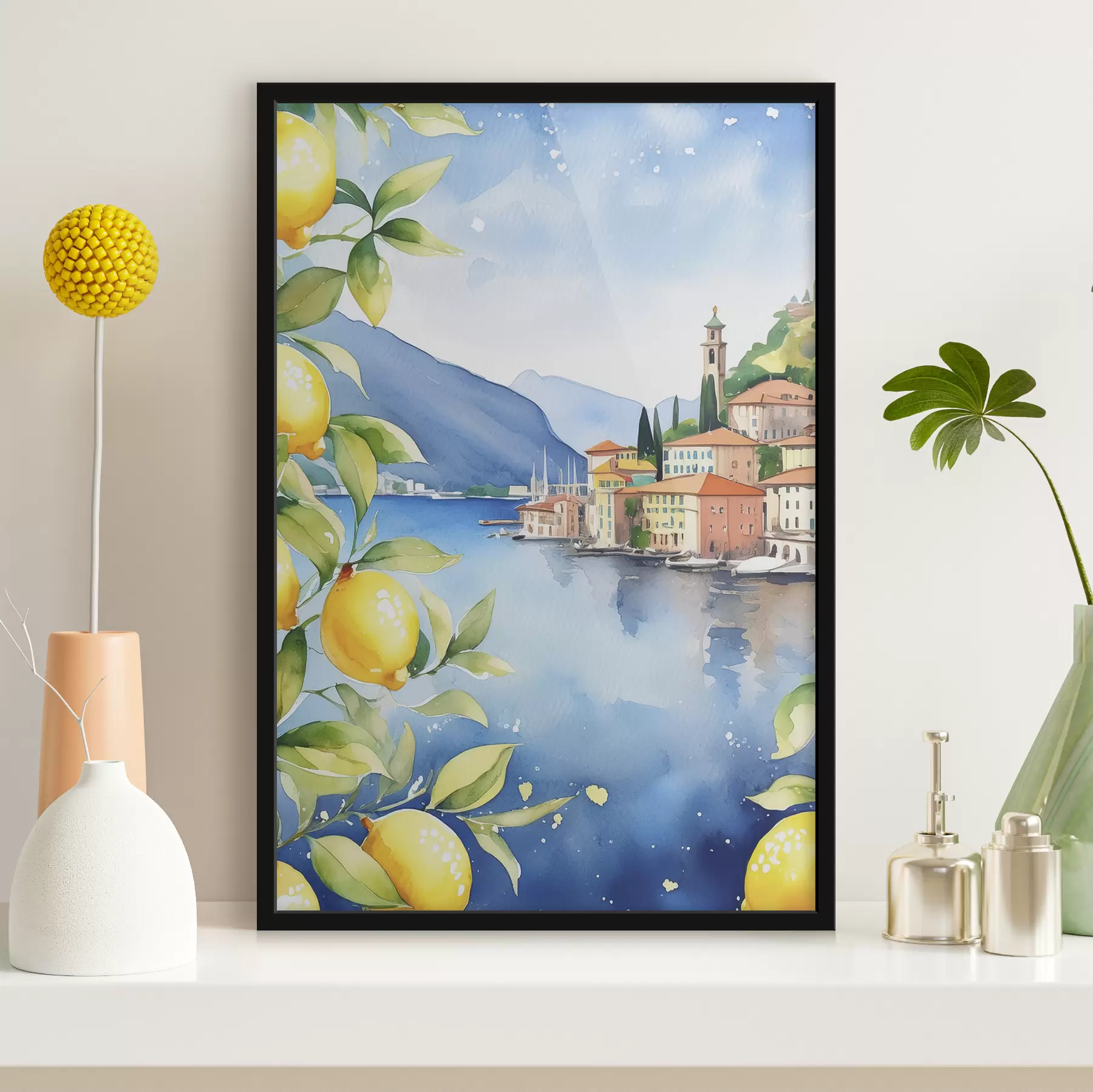 carta da parati Lago italiano, estate, acquerello, paesaggio naturale, limoni, architettura cittadina nr. f38397