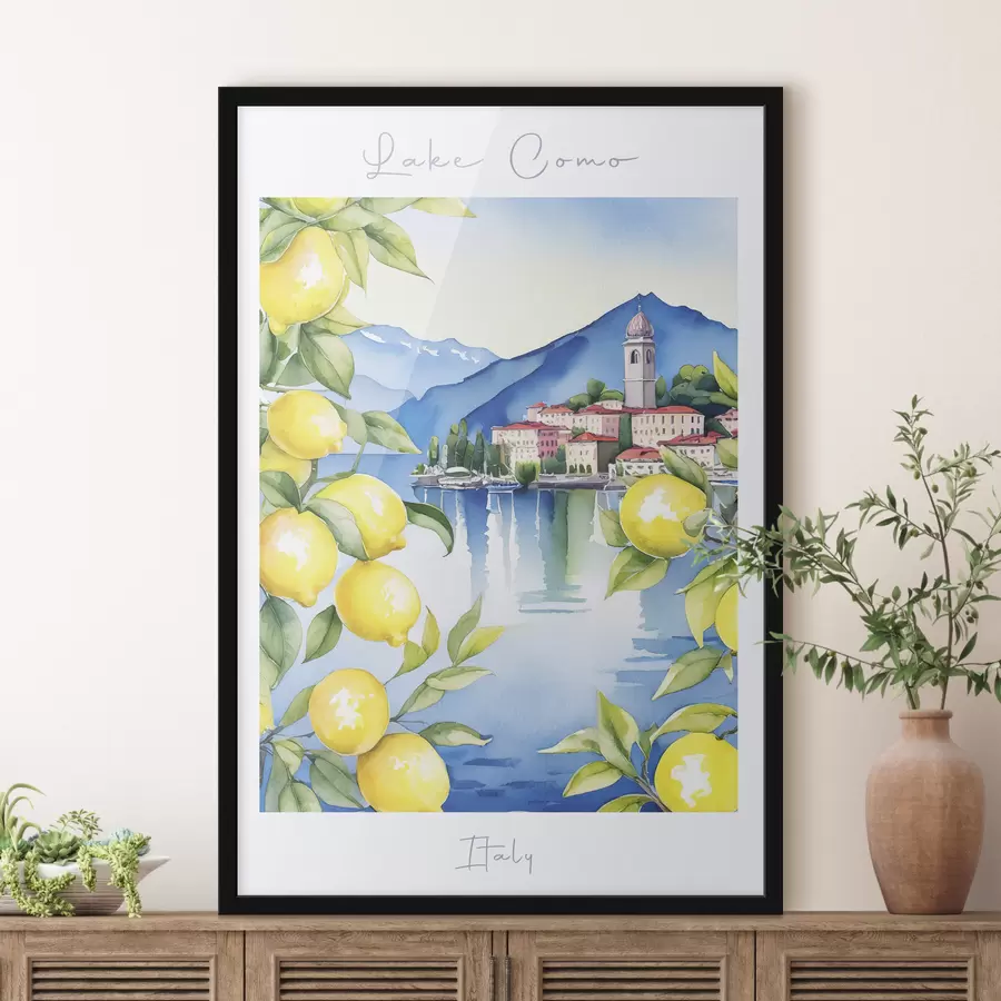 carta da parati Lago di Como, acquerello, Italia, estate, montagne, limone, mare, città vecchia nr. f38398