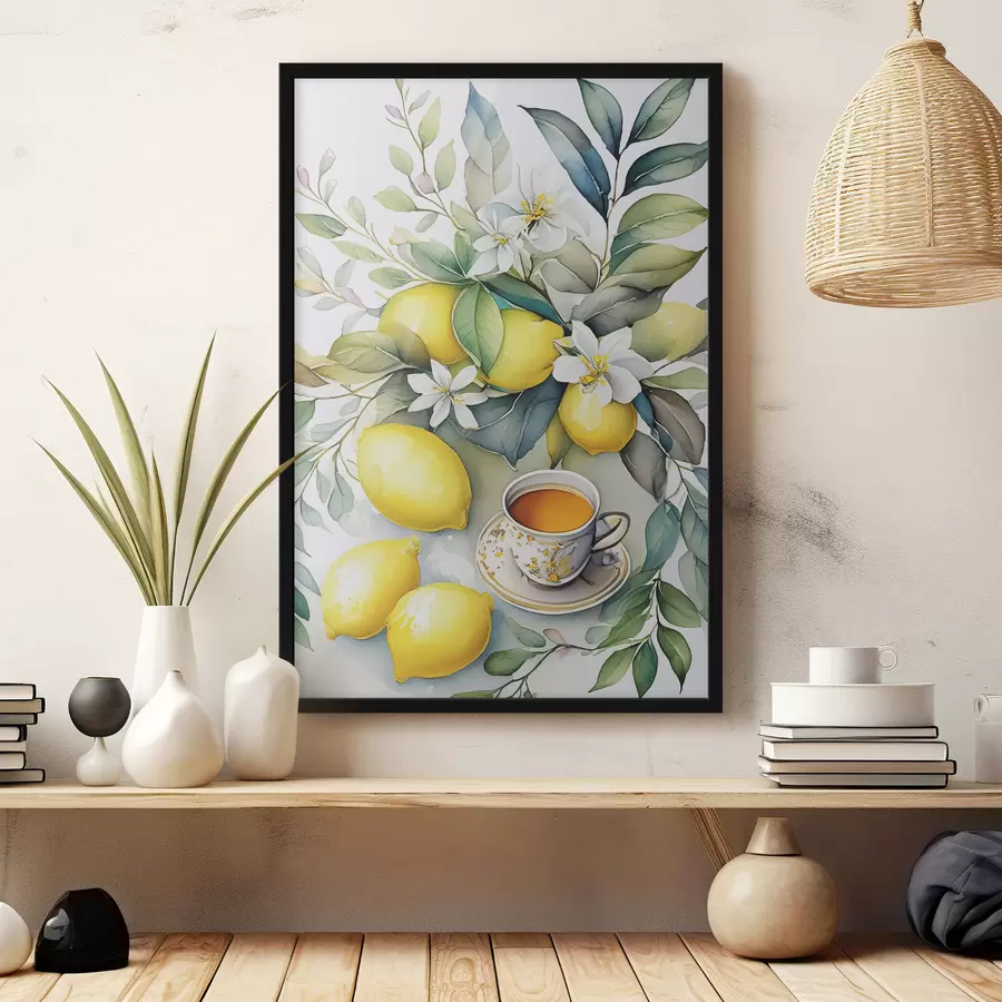 carta da parati Limoni e fiori, acquerello, colazione, tazza di tè, stile bohémien nr. f38403