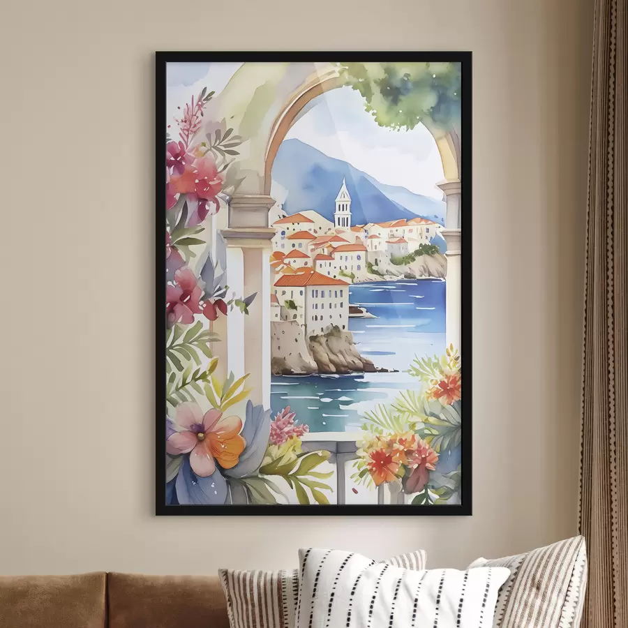 carta da parati Architettura mediterranea, acquerello, fiori estivi, mare blu, montagne nr. f38408