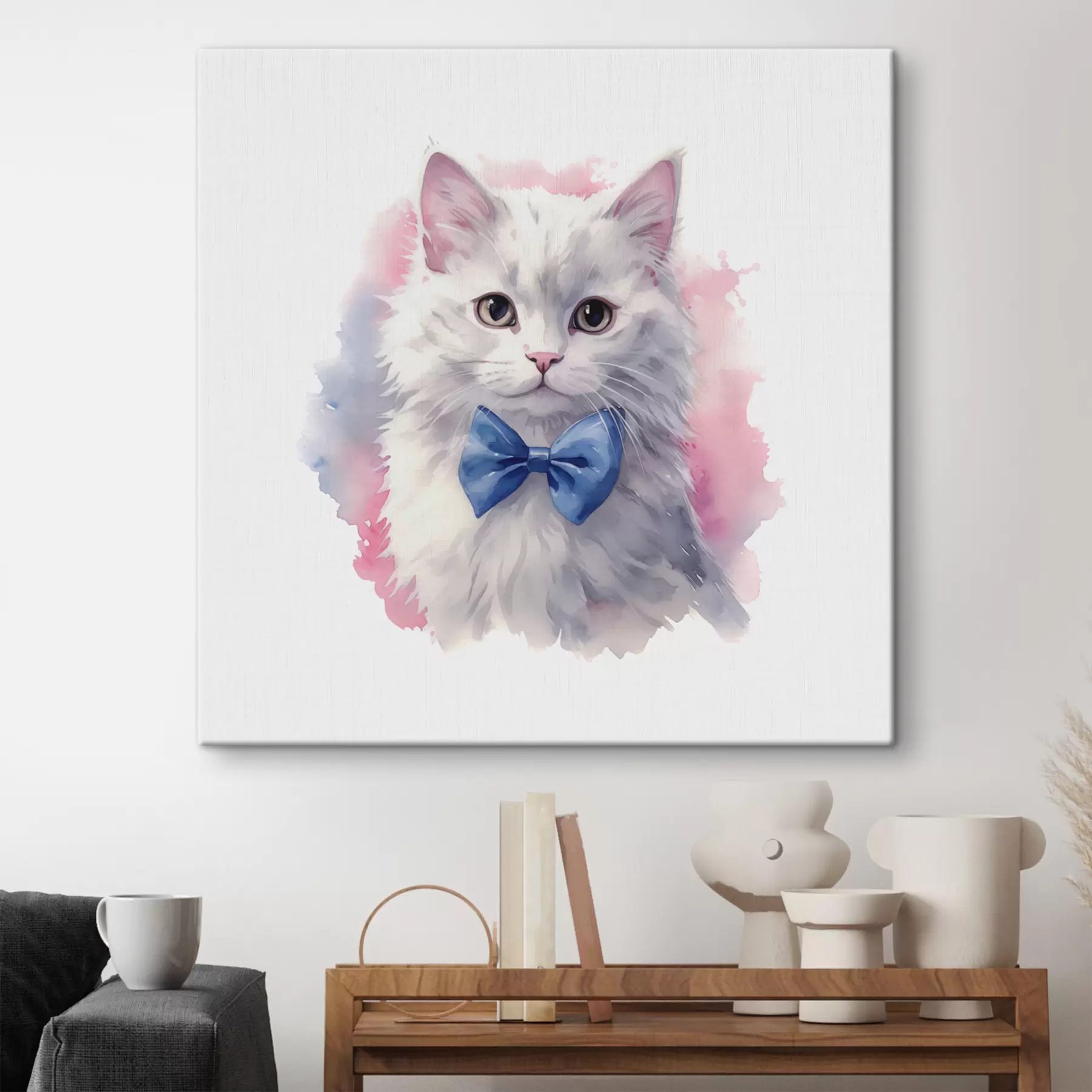 carta da parati Gatto bianco soffice con un fiocco blu sul collo, acquerello, animale, grigio, bianco, rosa, blu nr. s38479