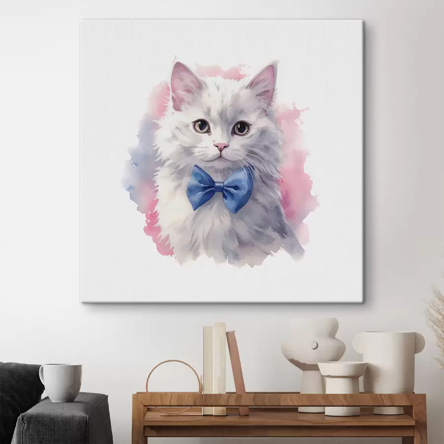 carta da parati Gatto bianco soffice con un fiocco blu sul collo, acquerello, animale, grigio, bianco, rosa, blu nr. s38479