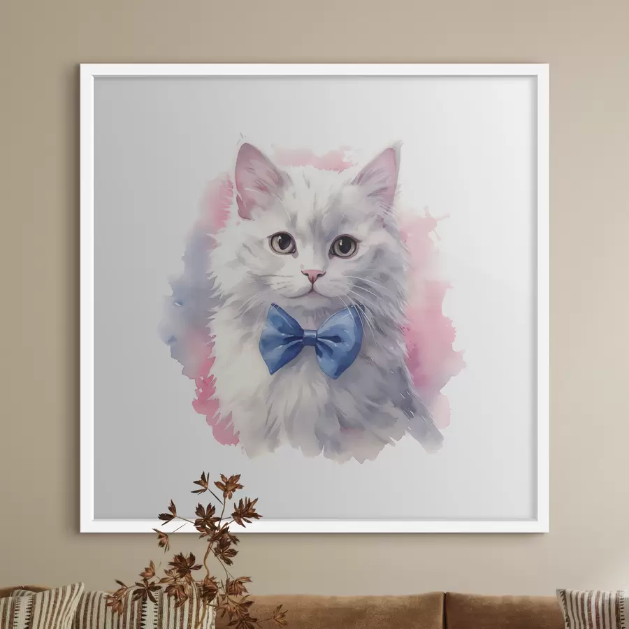 carta da parati Gatto bianco e soffice con fiocco blu sul collo, acquerello, animale, grigio, bianco, rosa, blu nr. f38479