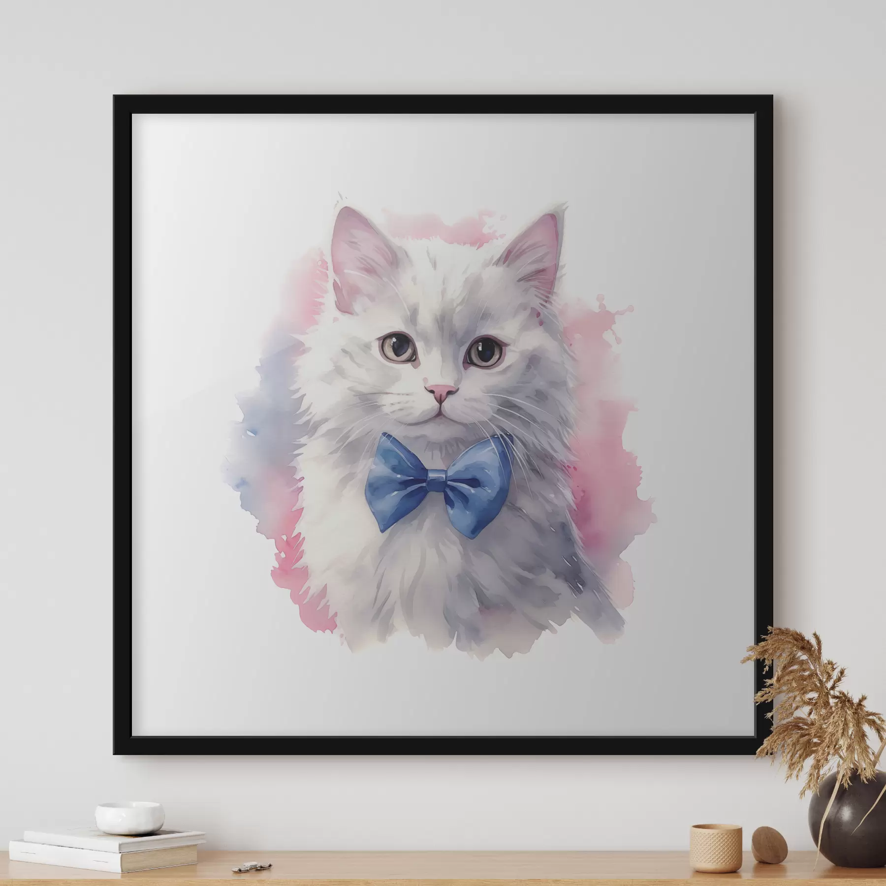 carta da parati Gatto bianco e soffice con fiocco blu sul collo, acquerello, animale, grigio, bianco, rosa, blu nr. f38479