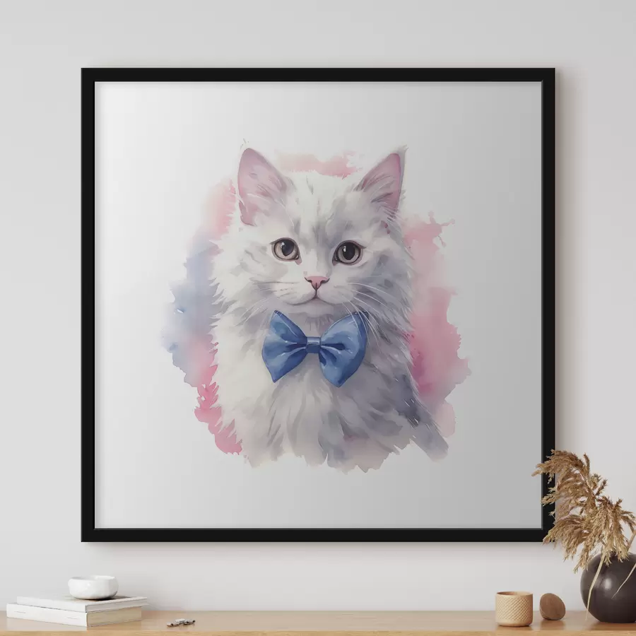 carta da parati Gatto bianco e soffice con fiocco blu sul collo, acquerello, animale, grigio, bianco, rosa, blu nr. f38479