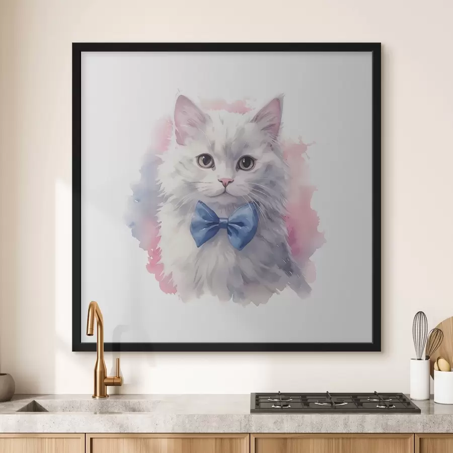 carta da parati Gatto bianco e soffice con fiocco blu sul collo, acquerello, animale, grigio, bianco, rosa, blu nr. f38479