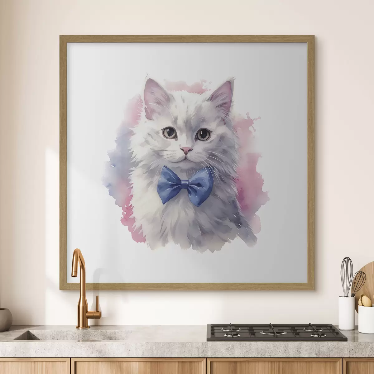 Poster Gatto bianco e soffice con fiocco blu sul collo, acquerello, animale, grigio, bianco, rosa, blu f38479