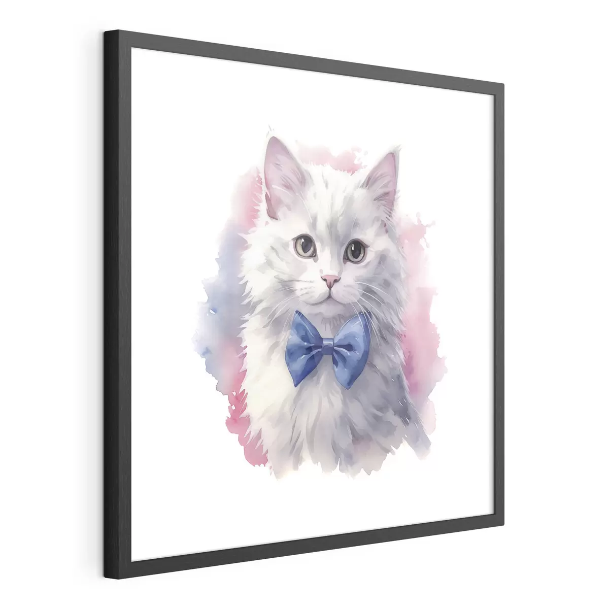 Poster Gatto bianco e soffice con fiocco blu sul collo, acquerello, animale, grigio, bianco, rosa, blu f38479