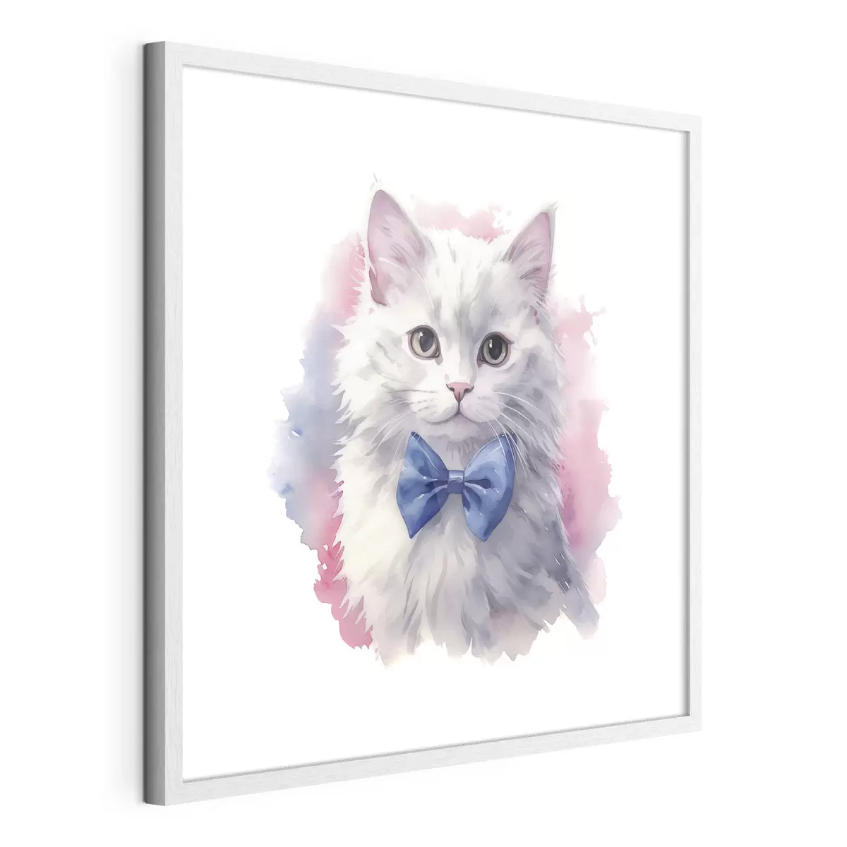 Poster Gatto bianco e soffice con fiocco blu sul collo, acquerello, animale, grigio, bianco, rosa, blu f38479