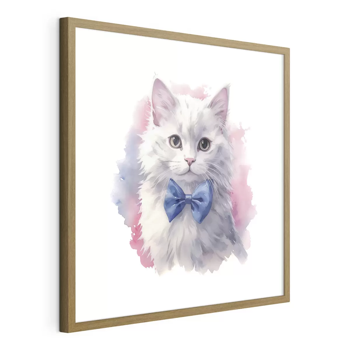 Poster Gatto bianco e soffice con fiocco blu sul collo, acquerello, animale, grigio, bianco, rosa, blu f38479