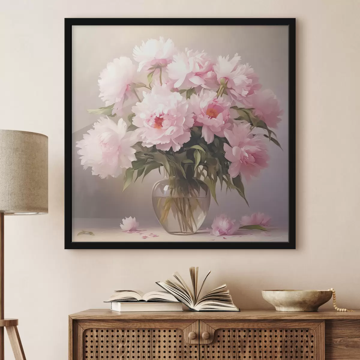 Poster Peonie rosa in un vaso di vetro su sfondo nero, imitazione di un dipinto a olio, fiori f38482