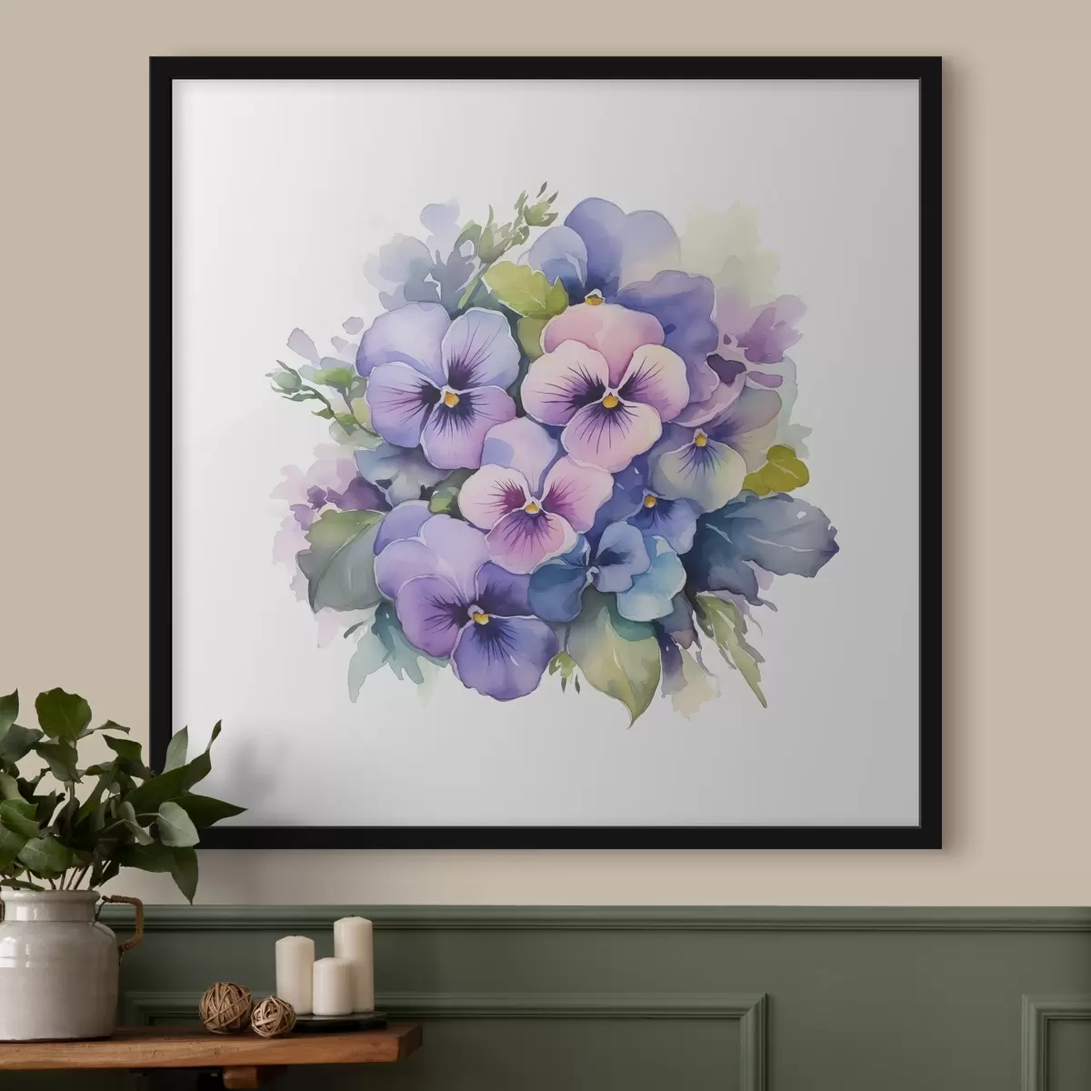 Poster Illustrazione dell'acquerello delle viole, bouquet, fiori, colore blu, viola, verde f38486