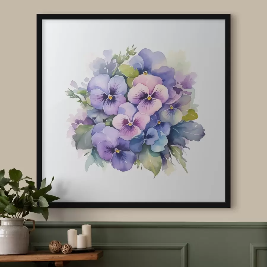 carta da parati Illustrazione dell'acquerello delle viole, bouquet, fiori, colore blu, viola, verde nr. f38486