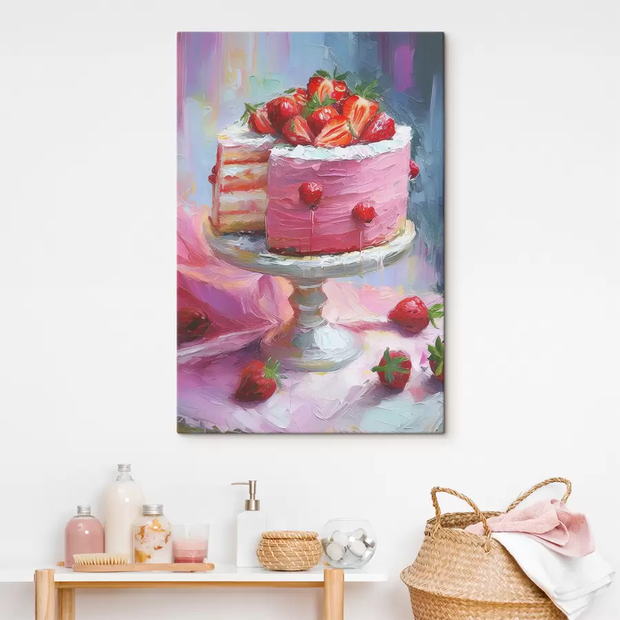 carta da parati Torta di fragole con crema, pittura ad olio, grandi pennellate, bacche estive, colori rosa nr. s38499