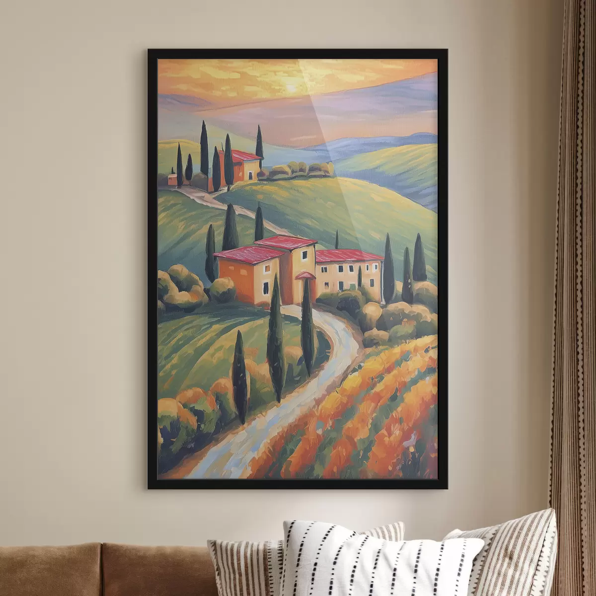 Poster Paesaggi toscani, Italia, pittura acrilica, vecchie case, campi, estate f38488