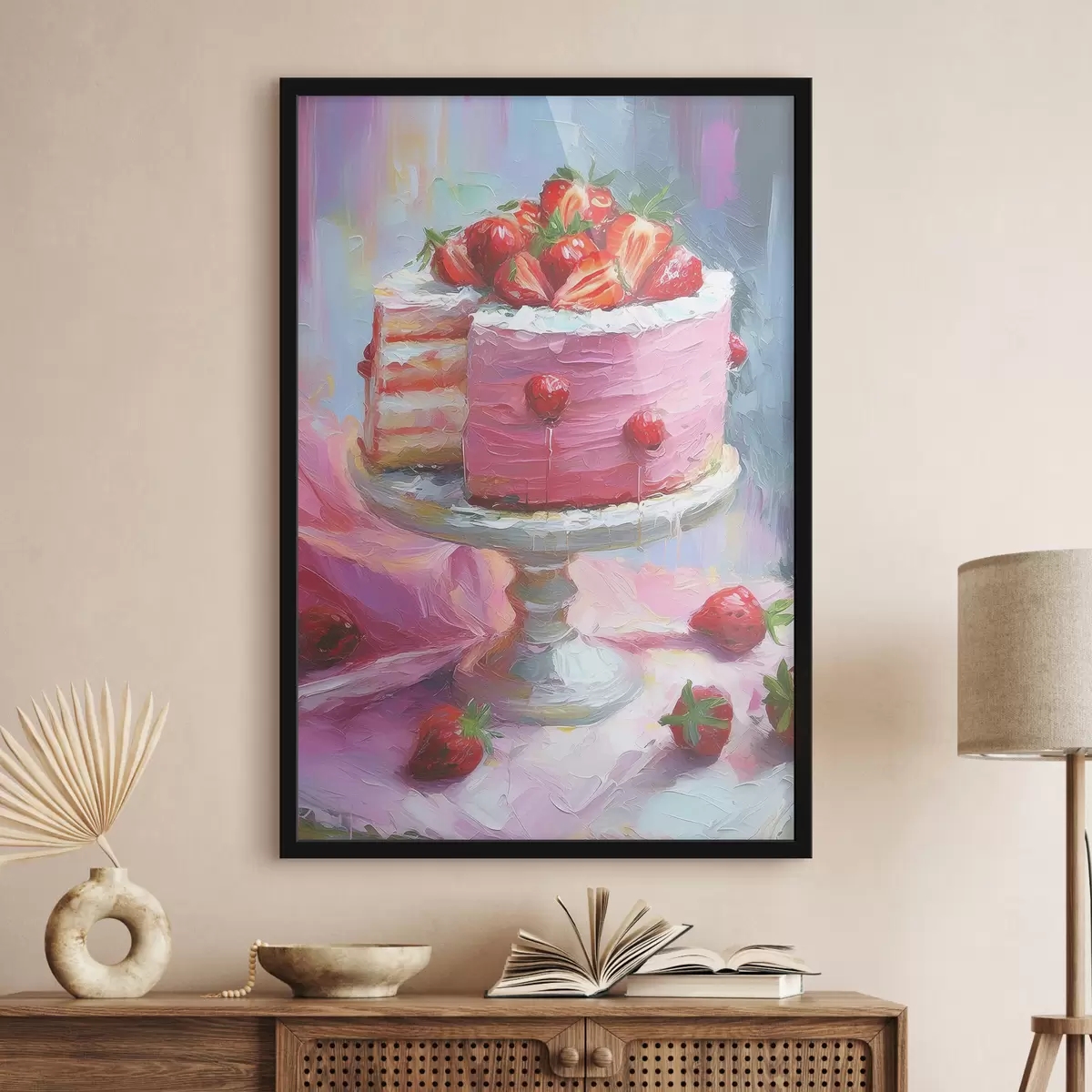 Poster Torta di fragole con crema, pittura ad olio, grandi pennellate, bacche estive, colori rosa f38499