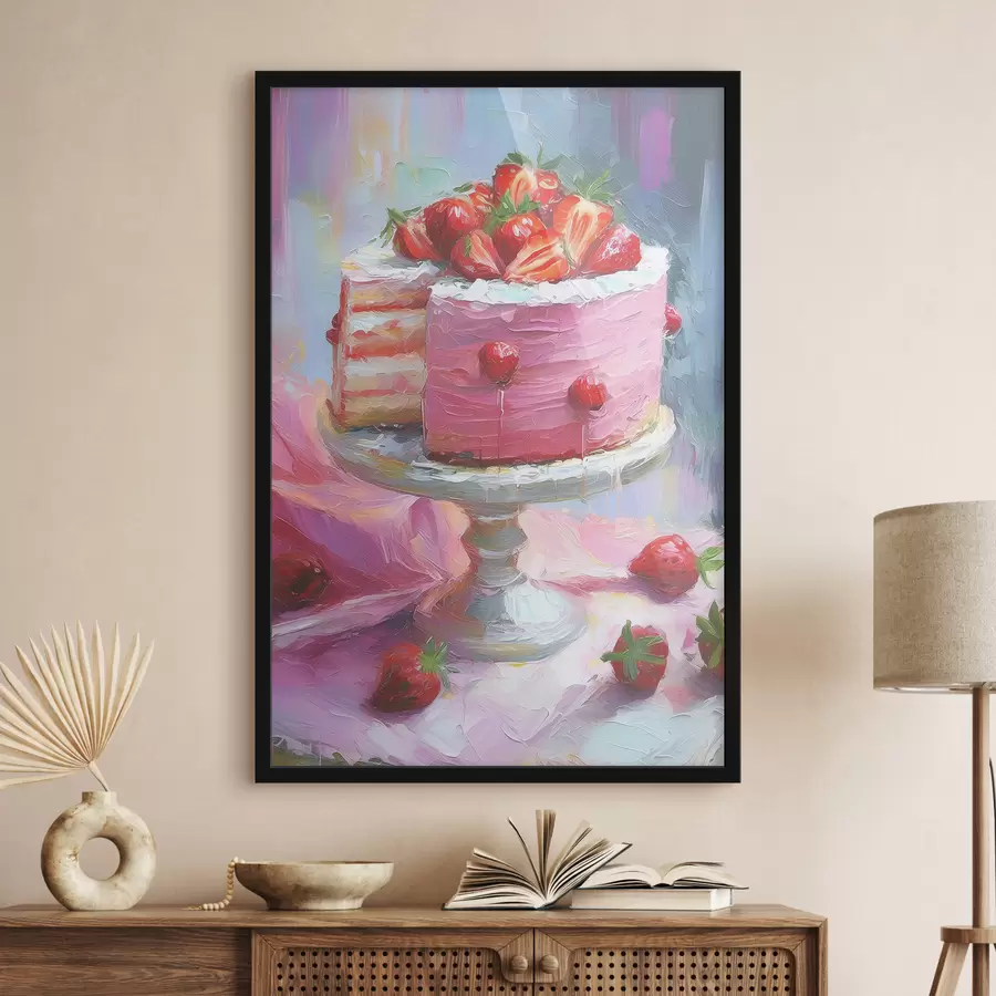 carta da parati Torta di fragole con crema, pittura ad olio, grandi pennellate, bacche estive, colori rosa nr. f38499