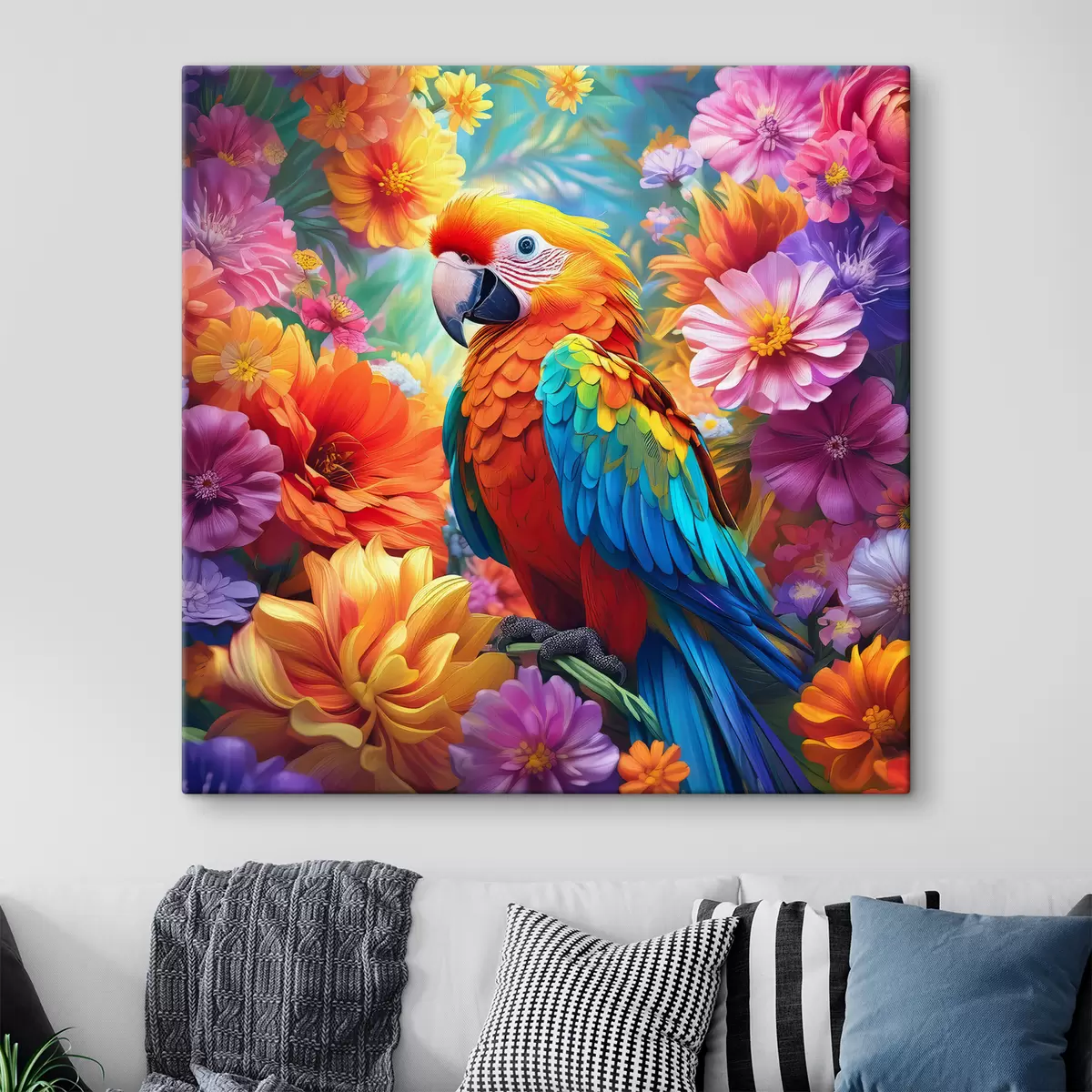 carta da parati pappagallo luminoso e fiori colorati nr. s38611