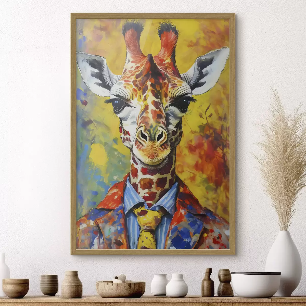 Poster ritratto di una giraffa in abito su sfondo giallo f38606
