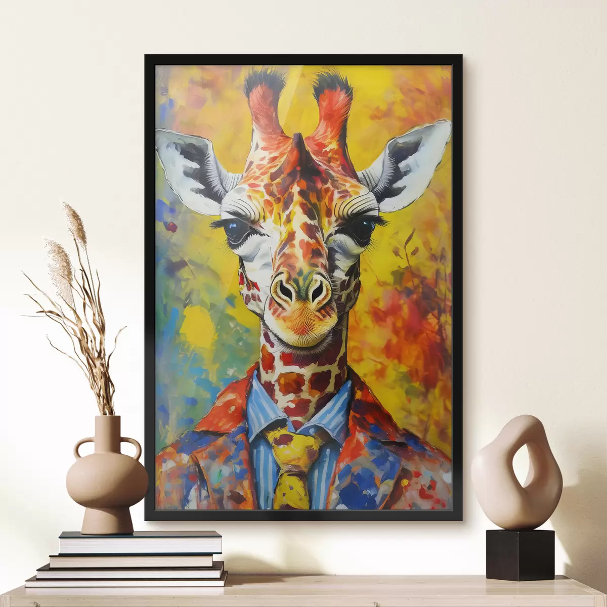 Poster ritratto di una giraffa in abito su sfondo giallo f38606