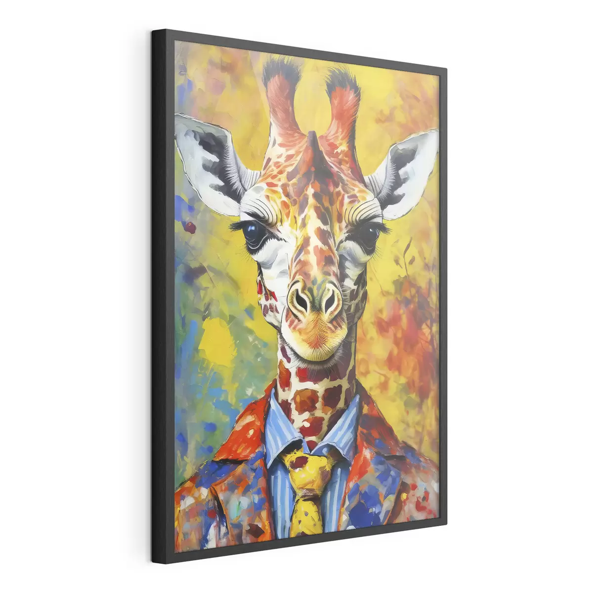 Poster ritratto di una giraffa in abito su sfondo giallo f38606