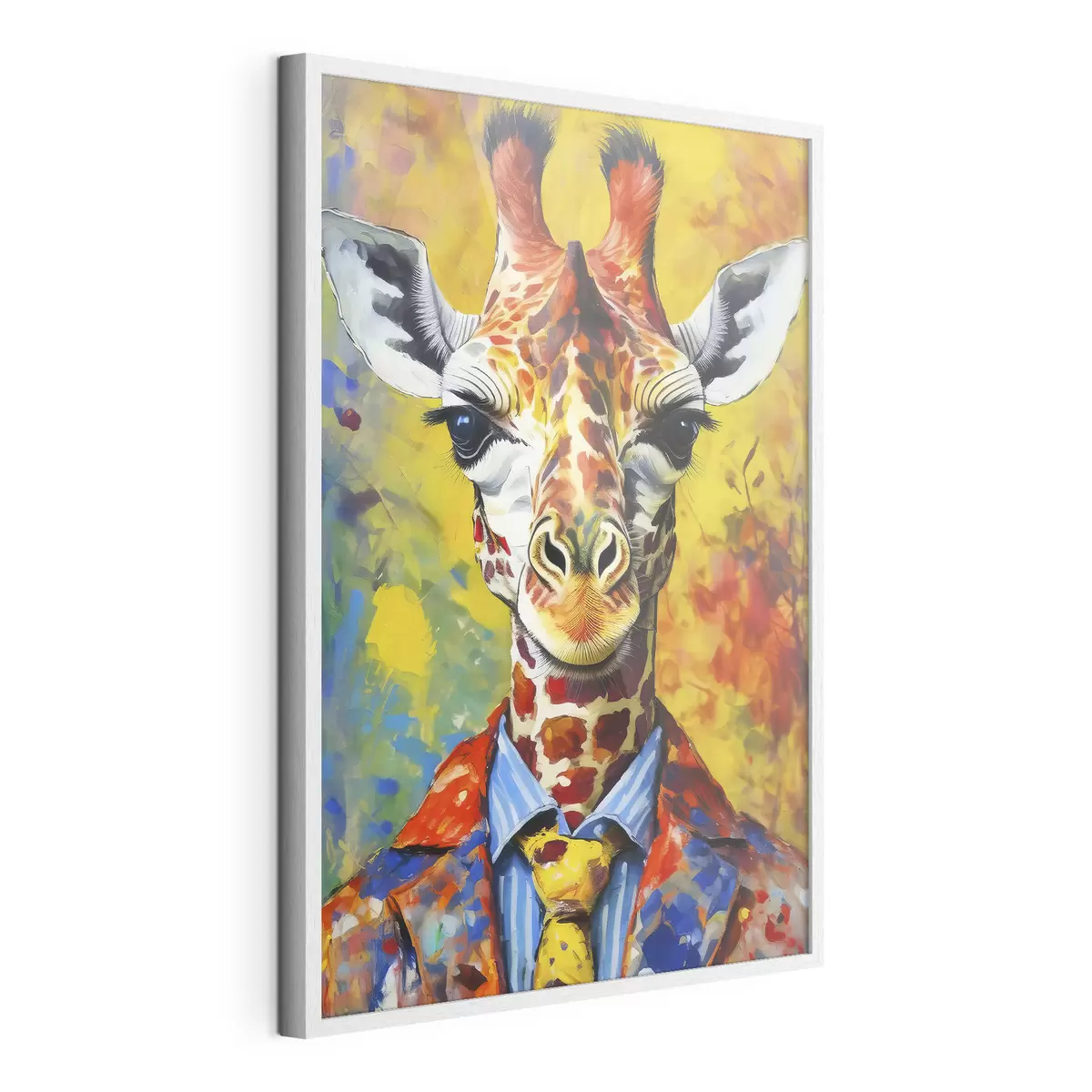 Poster ritratto di una giraffa in abito su sfondo giallo f38606