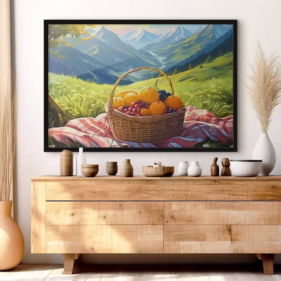 carta da parati un cesto di frutta su un prato in montagna nr. f38654