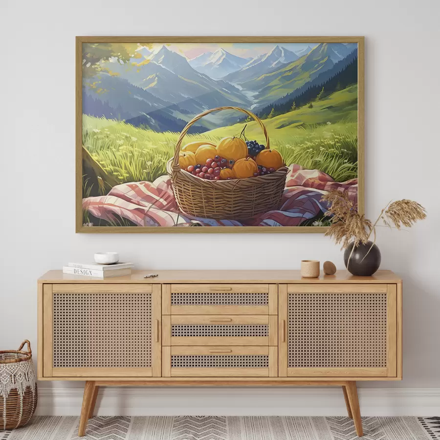 carta da parati un cesto di frutta su un prato in montagna nr. f38654