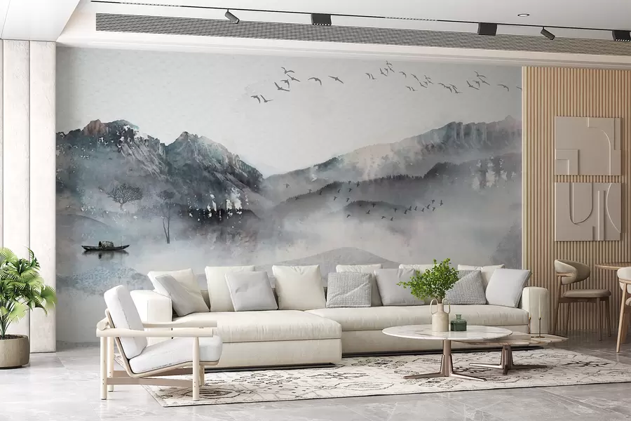 carta da parati Paesaggio con montagne sullo sfondo, con alcuni alberi visibili in primo piano sereno  nr. w00707