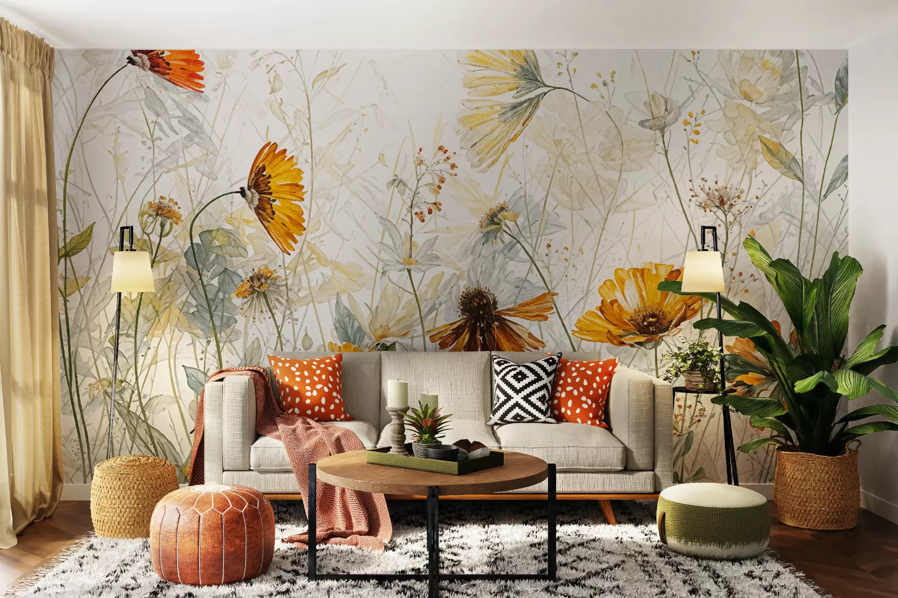 Carta da parati nature Un campo di fiori vivaci su uno sfondo morbido e nebbioso con delicati fiori bianchi ed erba sottile 