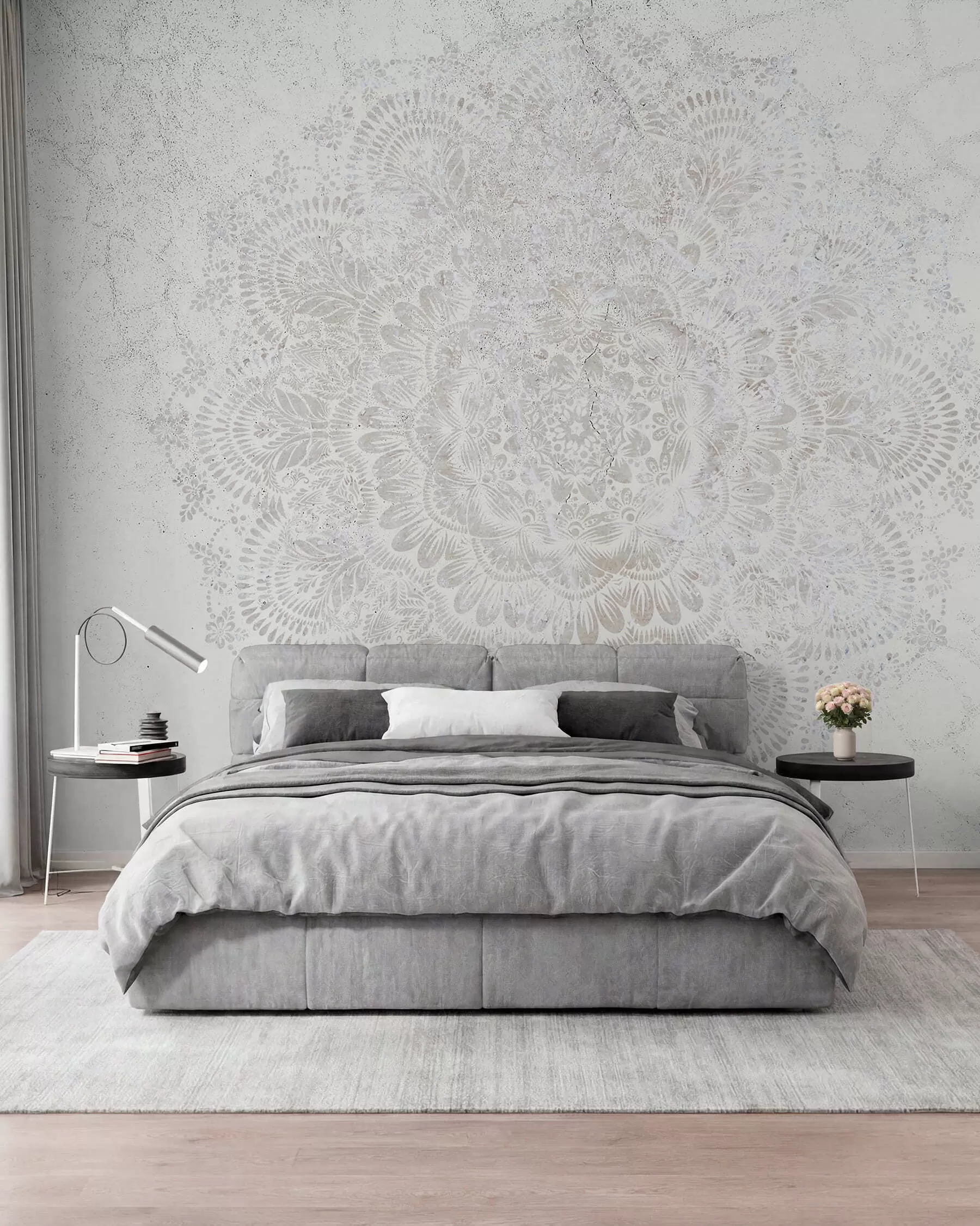 carta da parati Mandala, motivo pizzo bianco con motivi floreali e circolari, che creano un disegno delicato e intricato nr. w00737