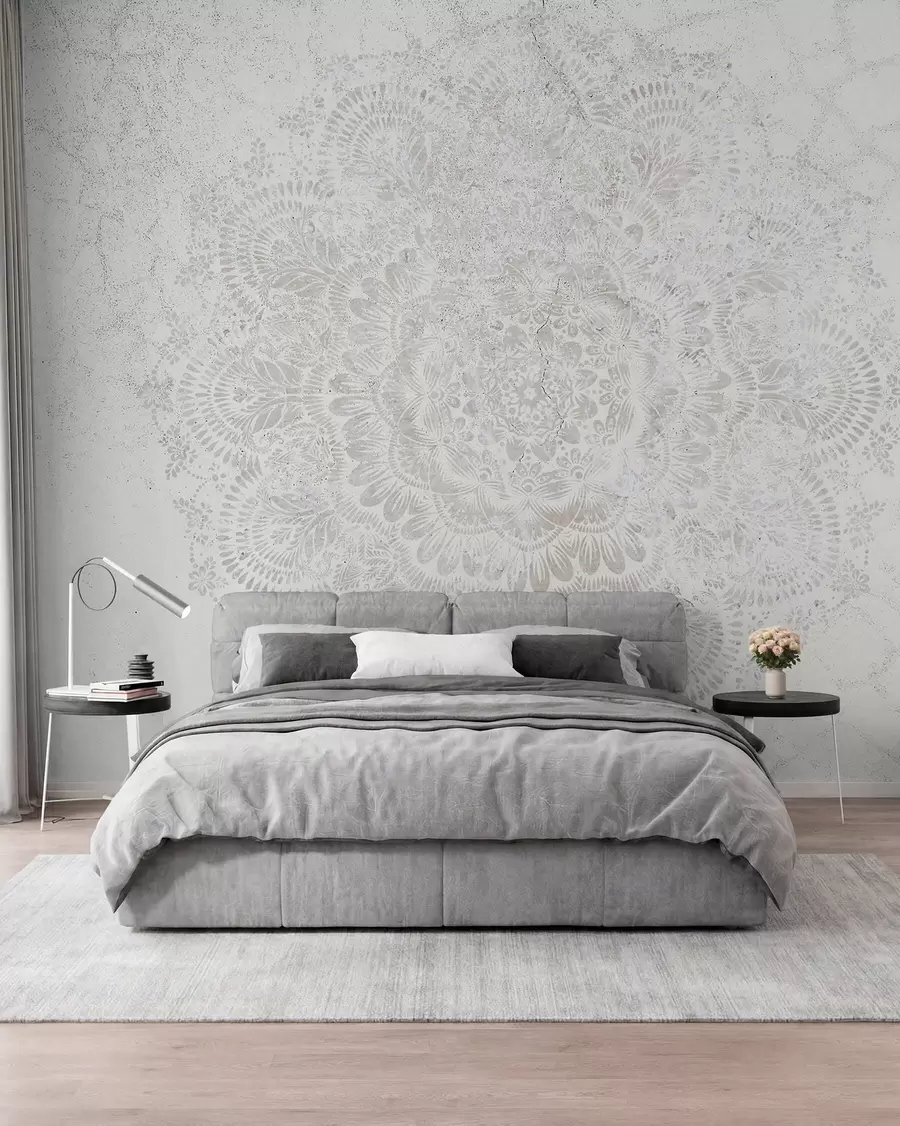 carta da parati Mandala, motivo pizzo bianco con motivi floreali e circolari, che creano un disegno delicato e intricato nr. w00737