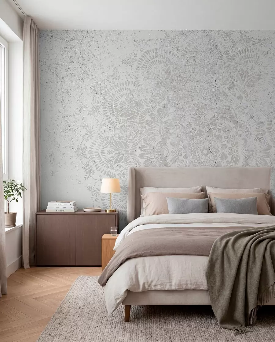 carta da parati Mandala, motivo pizzo bianco con motivi floreali e circolari, che creano un disegno delicato e intricato nr. w00737