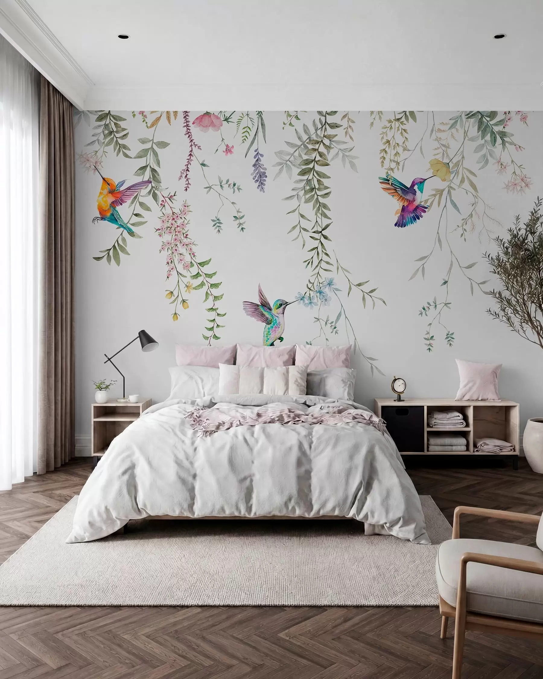 carta da parati Fiori e foglie appesi e bellissimi colibrì nr. w00660