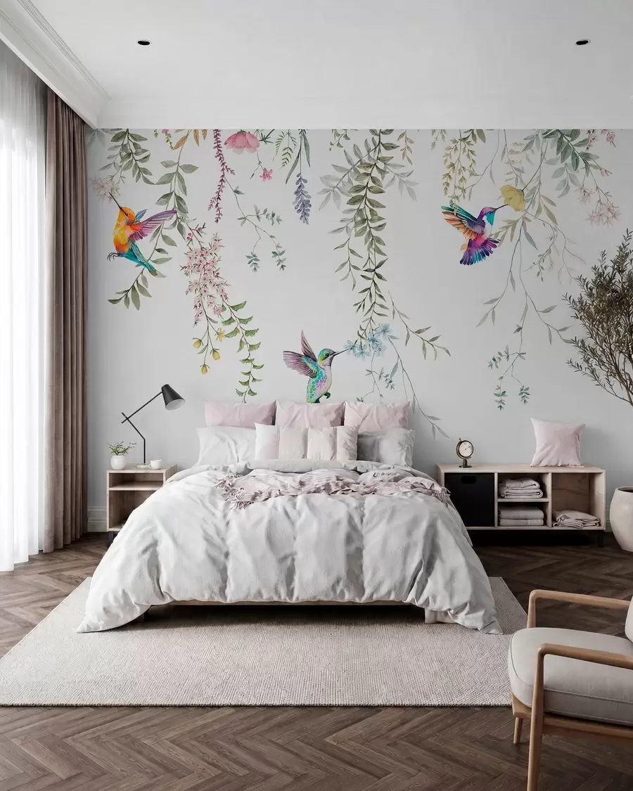 carta da parati Fiori e foglie appesi e bellissimi colibrì nr. w00660
