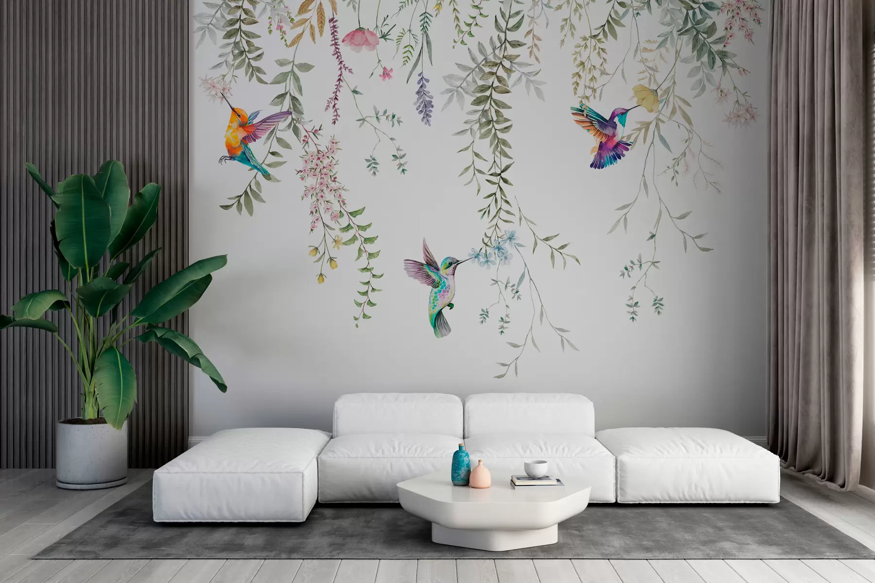 carta da parati Fiori e foglie appesi e bellissimi colibrì nr. w00660